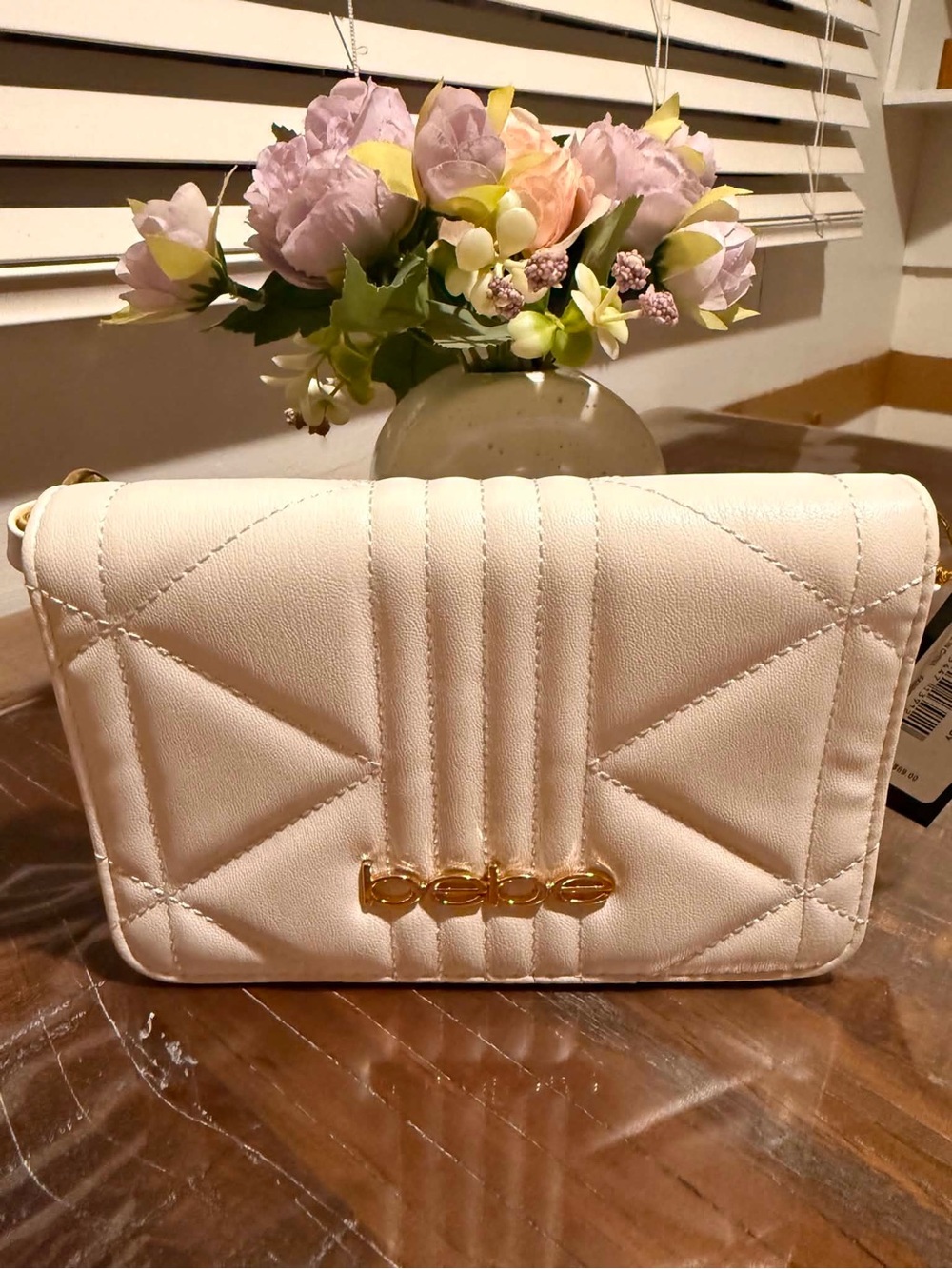 bebe White Quilted Crossbody Bag with Gold Hardware